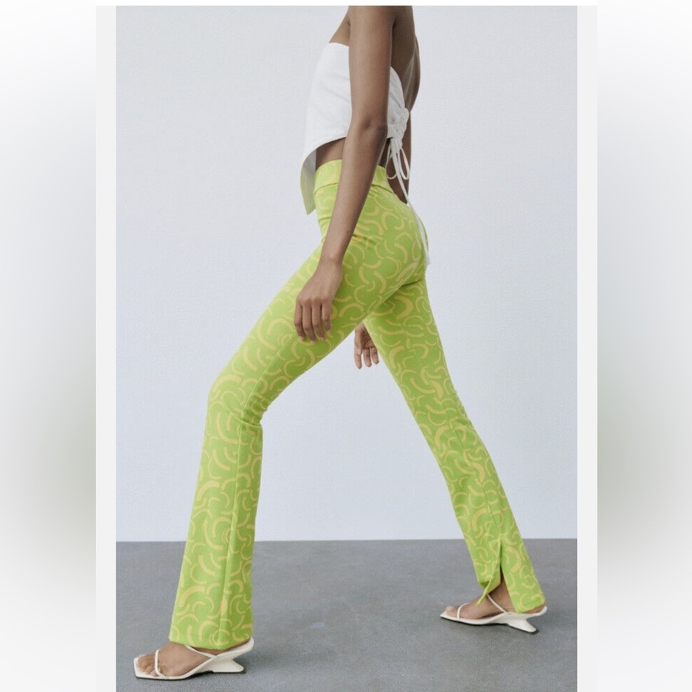 Zara Neon Lime Curved Pattern Boot-Cut Pants
